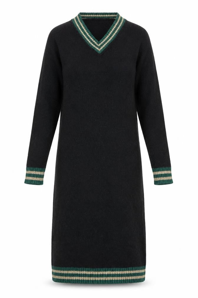 Front view of Chiaramente Women's Black Knit Dress, S, V-Neck, Winter