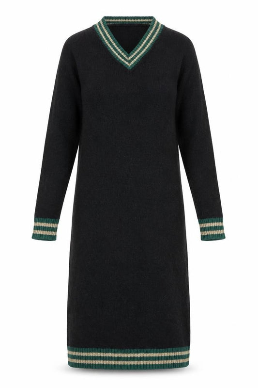 Front view of Chiaramente Women's Black Knit Dress, S, V-Neck, Winter