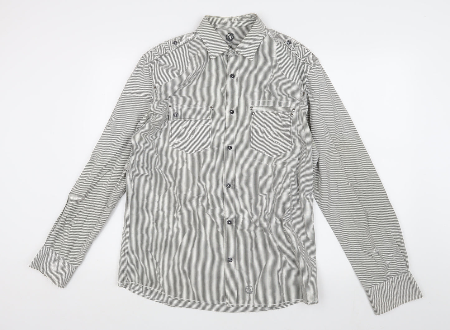 Next Men's Grey Striped Button-Up Shirt M