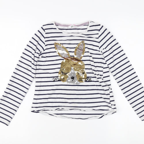 H&M Girls Blue Striped Sequin T-Shirt 9-10 Years