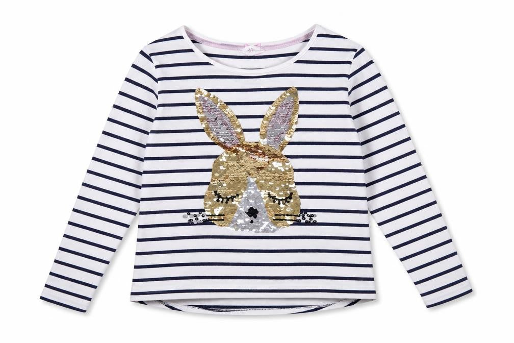 H&M Girls Blue Striped Sequin T-Shirt 9-10 Years