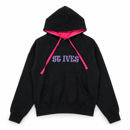 Front view of No Worries unisex black hoodie m/l graphic logo