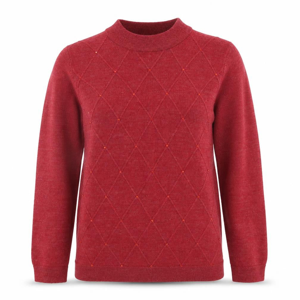 Front view of Honor Millburn Women's Red Beaded Mock Neck Jumper