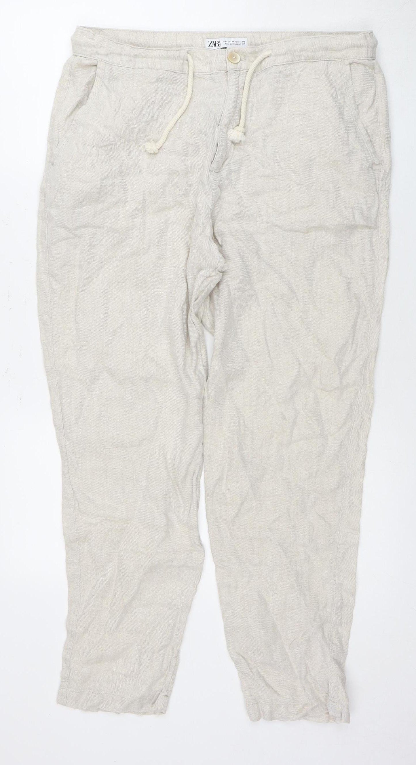 Zara Women's Beige Linen Trousers, Size 16 - Excellent