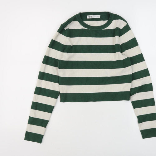 Zara Girls Green Striped Pullover Jumper, 14 Years, Crew Neck
