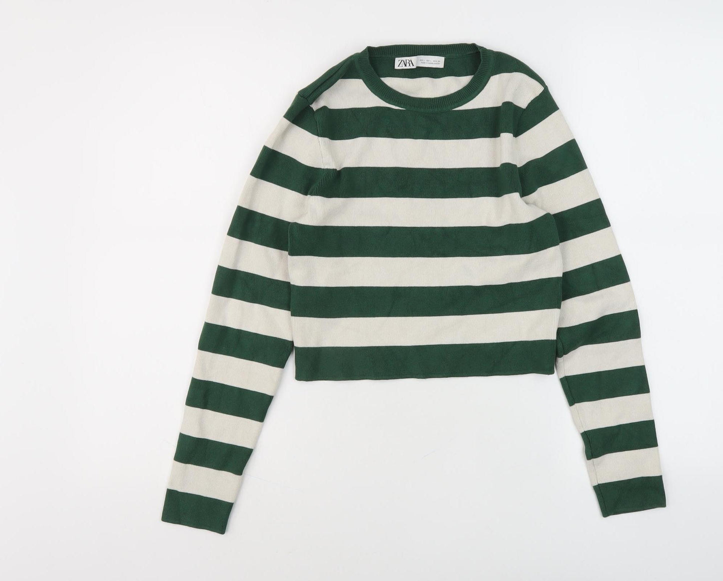 Zara Girls Green Striped Pullover Jumper, 14 Years, Crew Neck