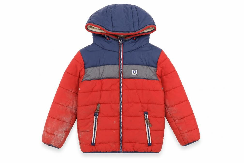 Front view of Next boys’ red puffer jacket 5-6 years winter hooded