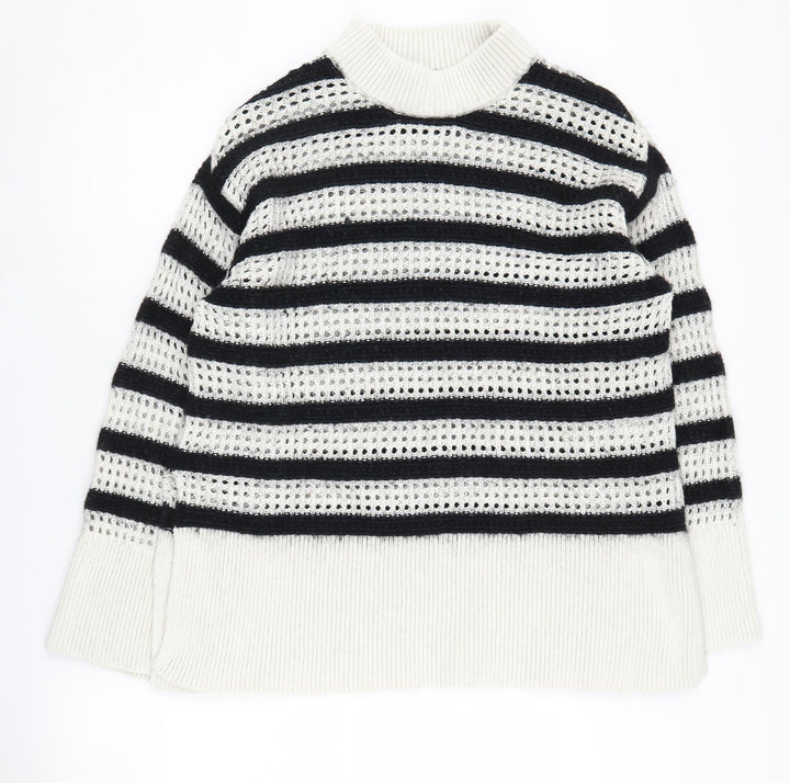 H&M Women's Striped Open-Knit Mock Neck Jumper - Black/White - M