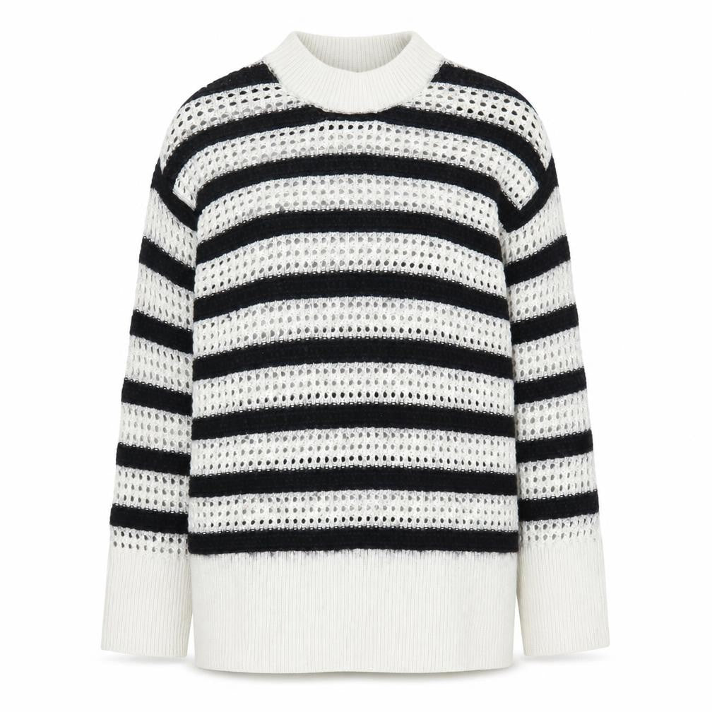Front view of H&M Women's Striped Open-Knit Mock Neck Jumper - Black/White - M