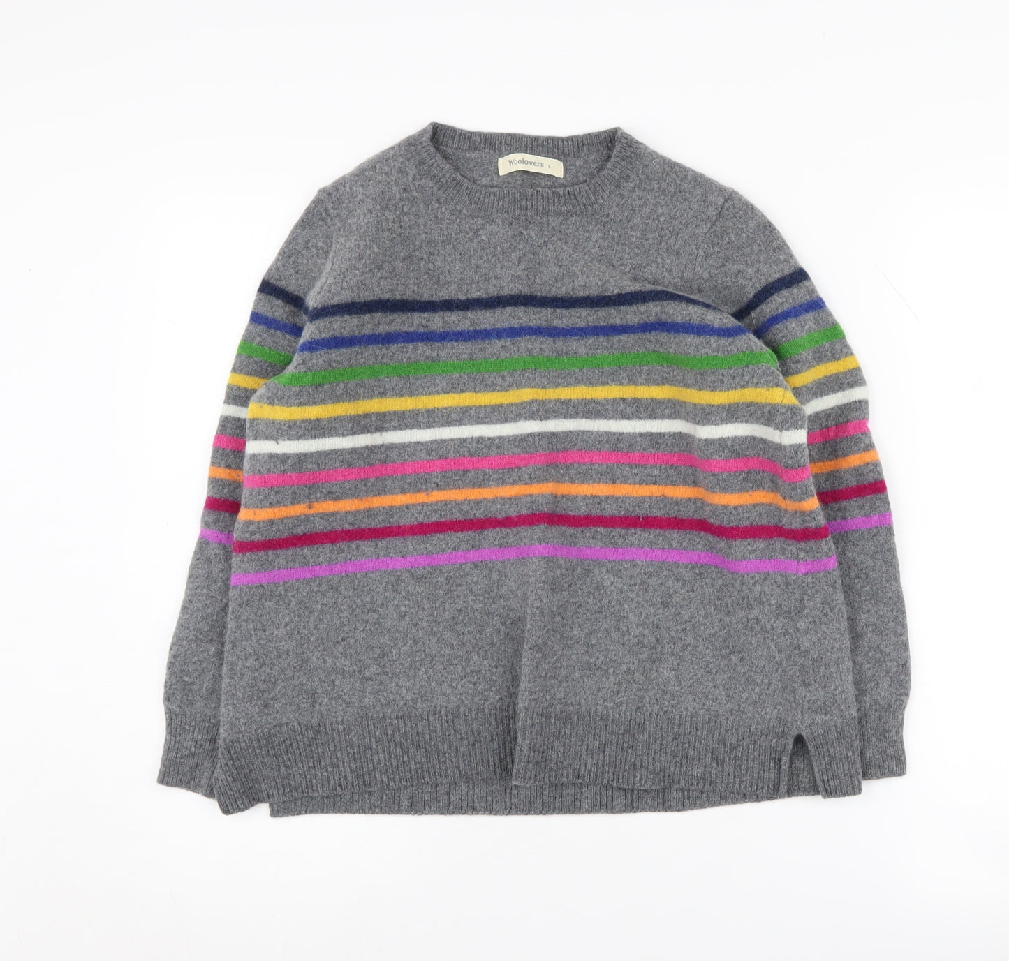 WoolOvers Women's Grey Striped Lambswool Pullover, Size L