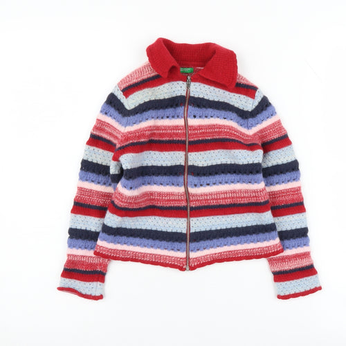 Benetton Girls Multicoloured Striped Full Zip Wool Jumper, Size 8