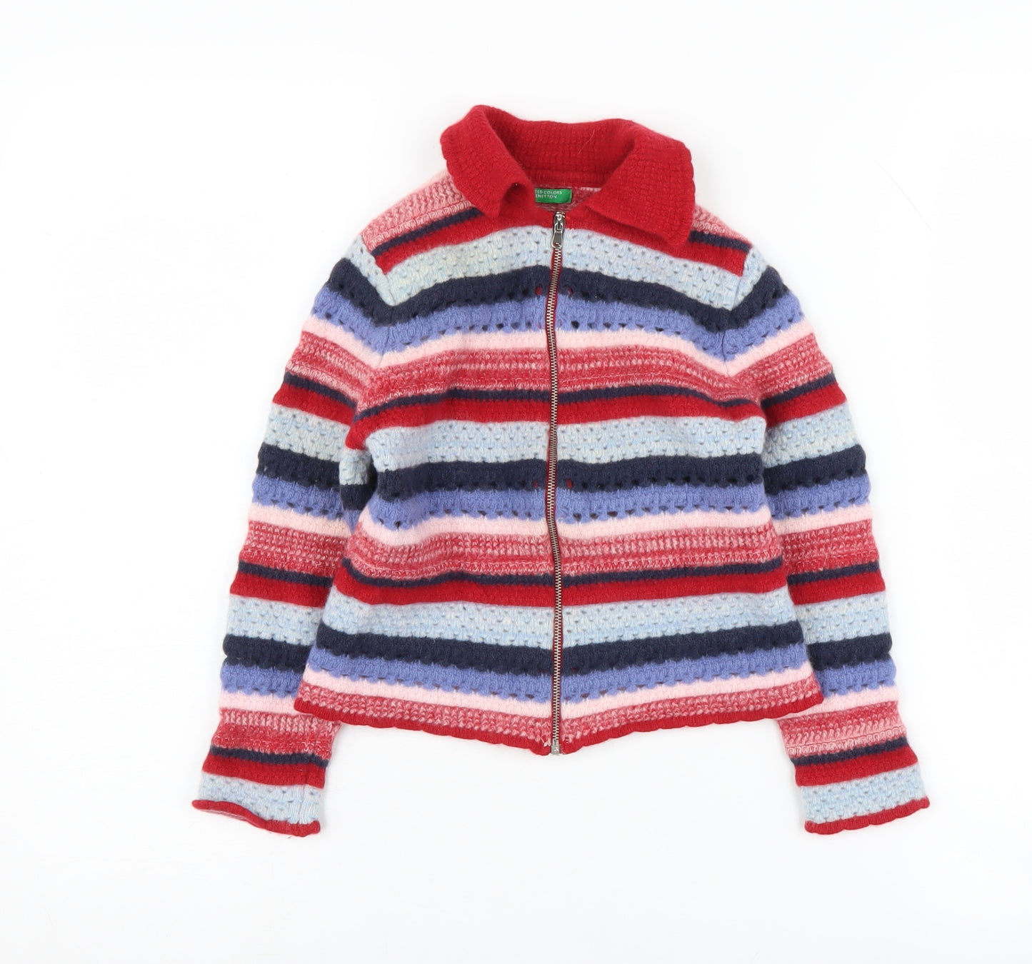 Benetton Girls Multicoloured Striped Full Zip Wool Jumper, Size 8