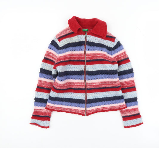 Benetton Girls Multicoloured Striped Full Zip Wool Jumper, Size 8