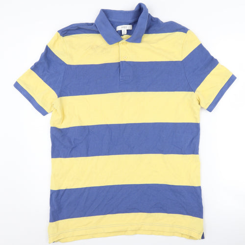 Marks and Spencer Men's Blue Striped Polo Shirt - Medium