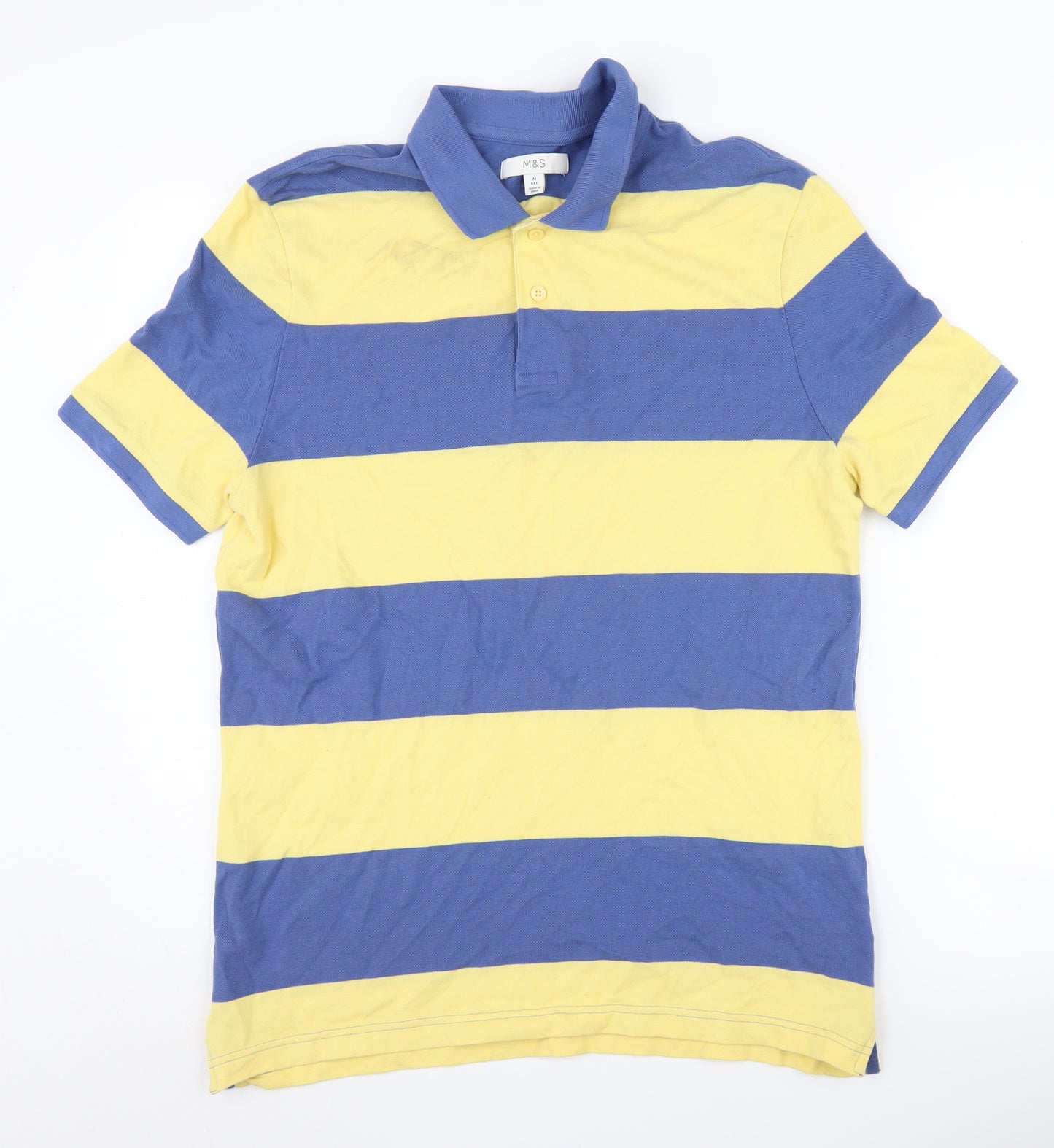Marks and Spencer Men's Blue Striped Polo Shirt - Medium