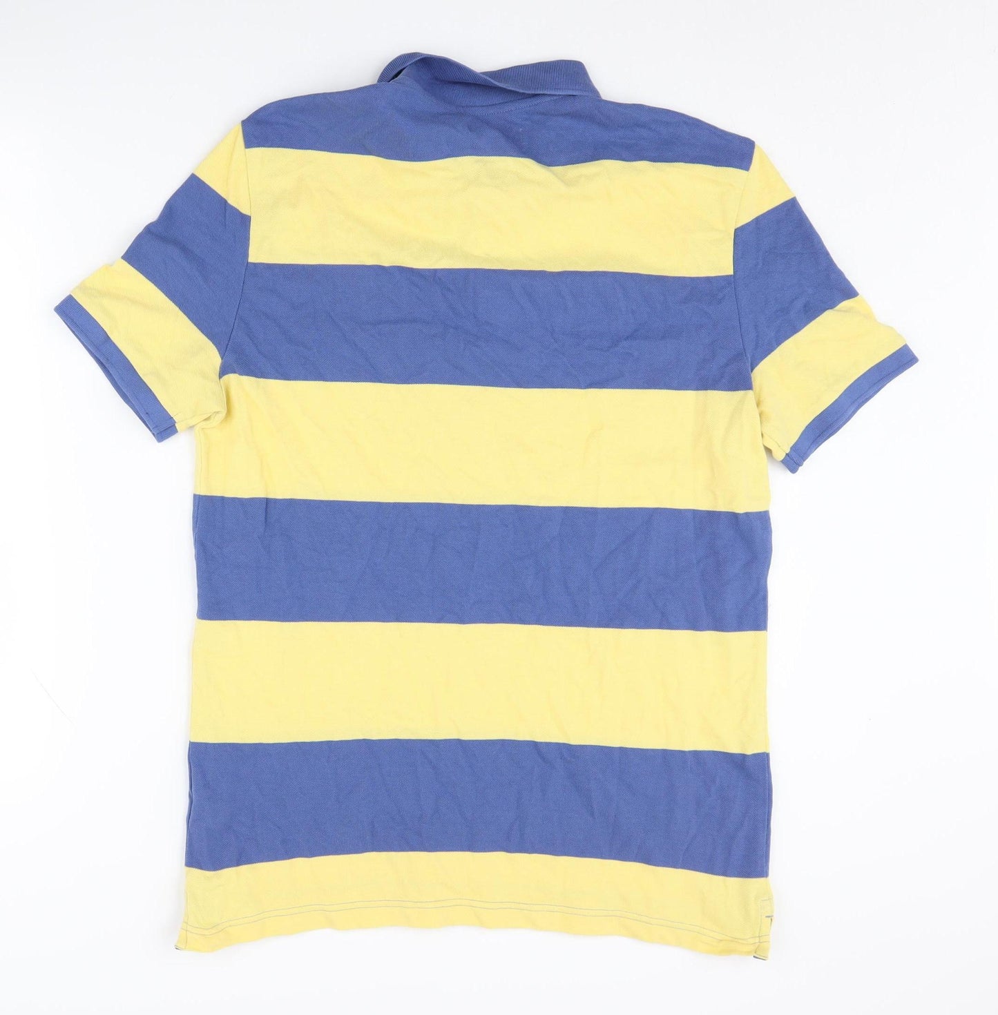 Marks and Spencer Men's Blue Striped Polo Shirt - Medium