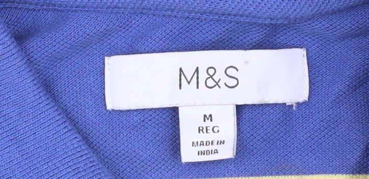 Marks and Spencer Men's Blue Striped Polo Shirt - Medium