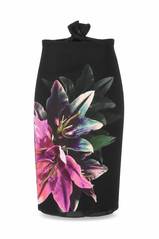 Front view of Oasis Women's Black Tulip Skirt, size 8, Floral Bow
