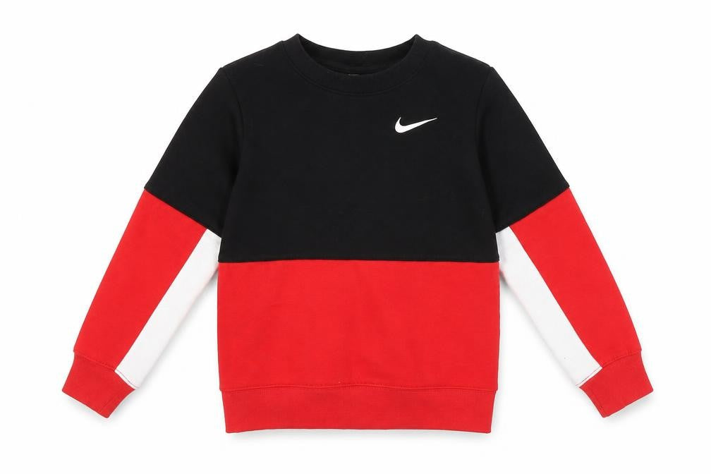 Front view of Nike boys’ colourblock sweatshirt 5-6y black red white pullover