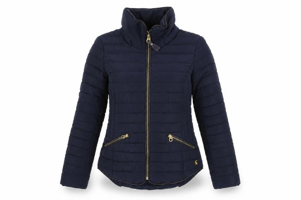 Front view of Joules Women's Blue Puffer Jacket, size 8, Casual Zip