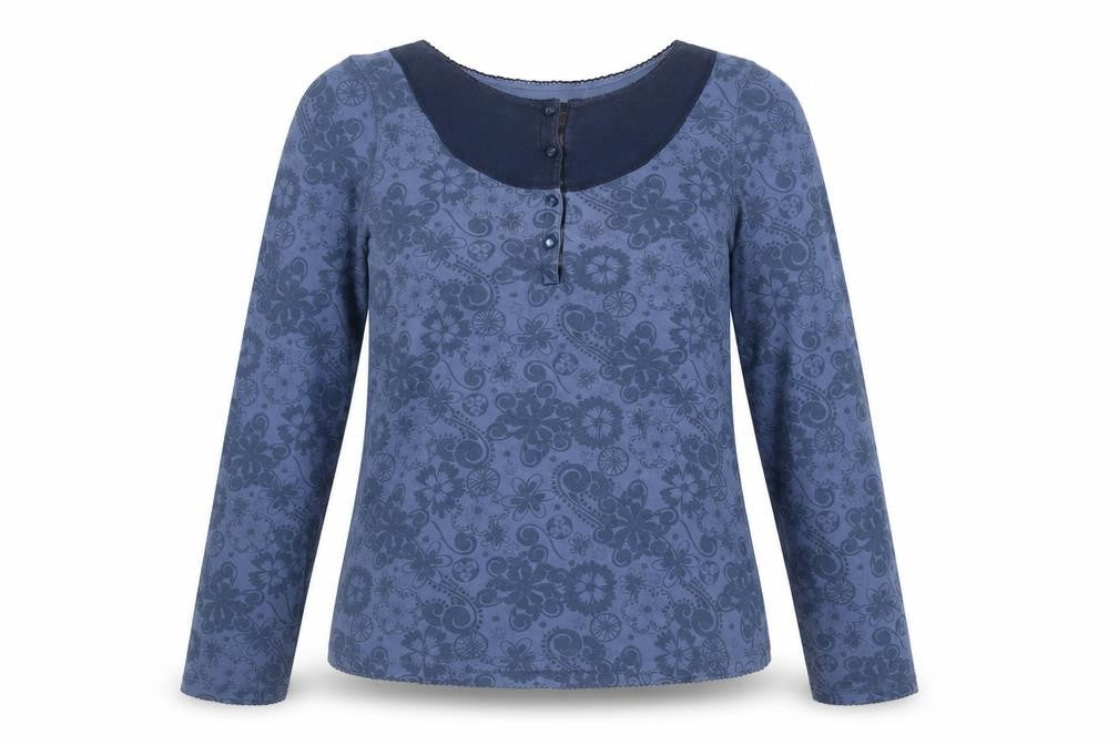 Front view of One Earth Blue Floral Women's Top, size 12