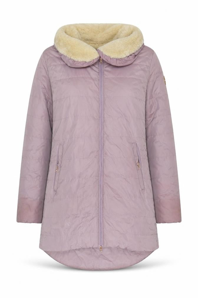 Front view of Gelert Women's Purple Puffer Jacket, size 14, Hooded, Long Length