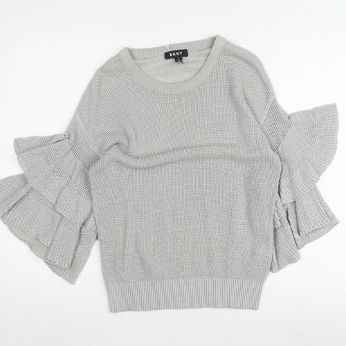 DKNY Women's Grey Knit Jumper, Size S with Ruffle Sleeves