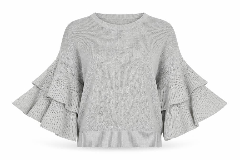 Front view of DKNY Women's Grey Knit Jumper, size S, with Ruffle Sleeves