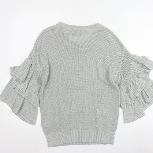 DKNY Women's Grey Knit Jumper, Size S with Ruffle Sleeves