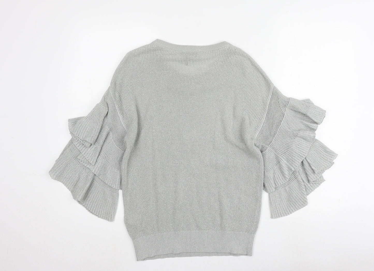 DKNY Women's Grey Knit Jumper, Size S with Ruffle Sleeves