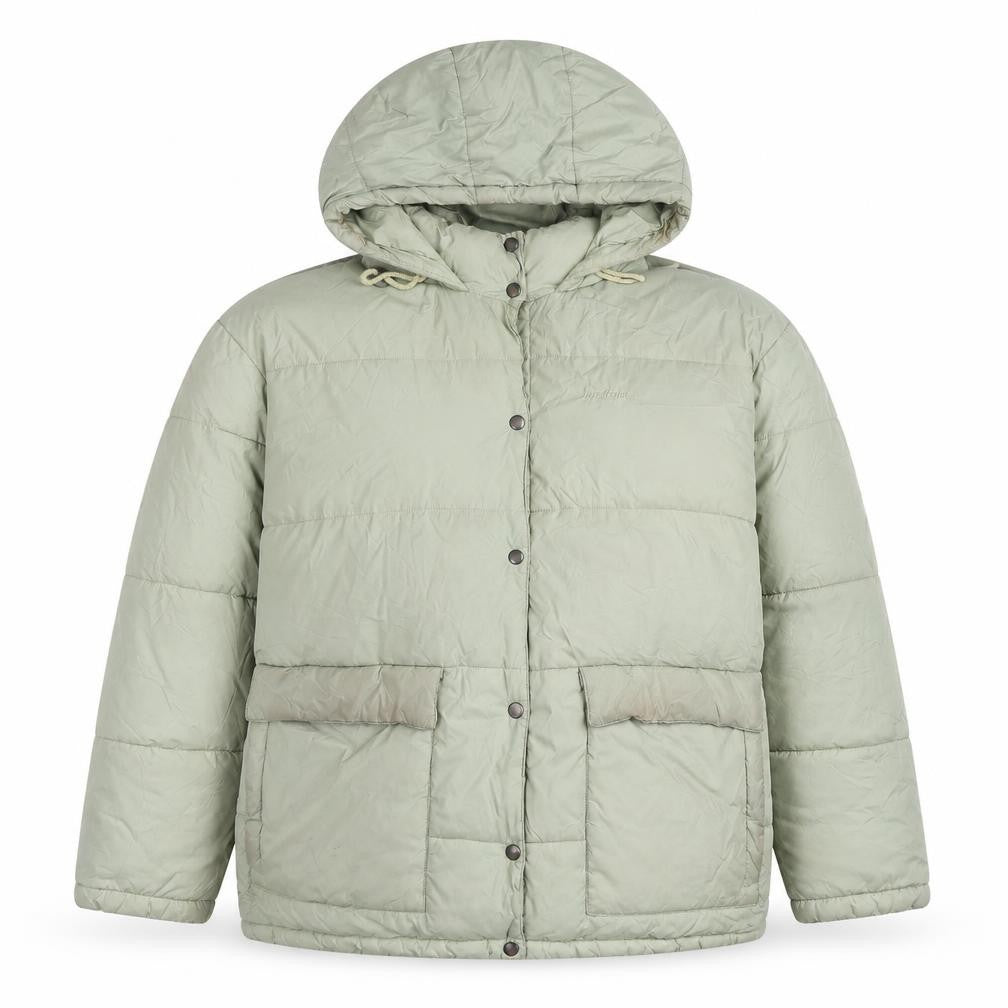 Front view of iets frans... unisex green puffer jacket, hooded