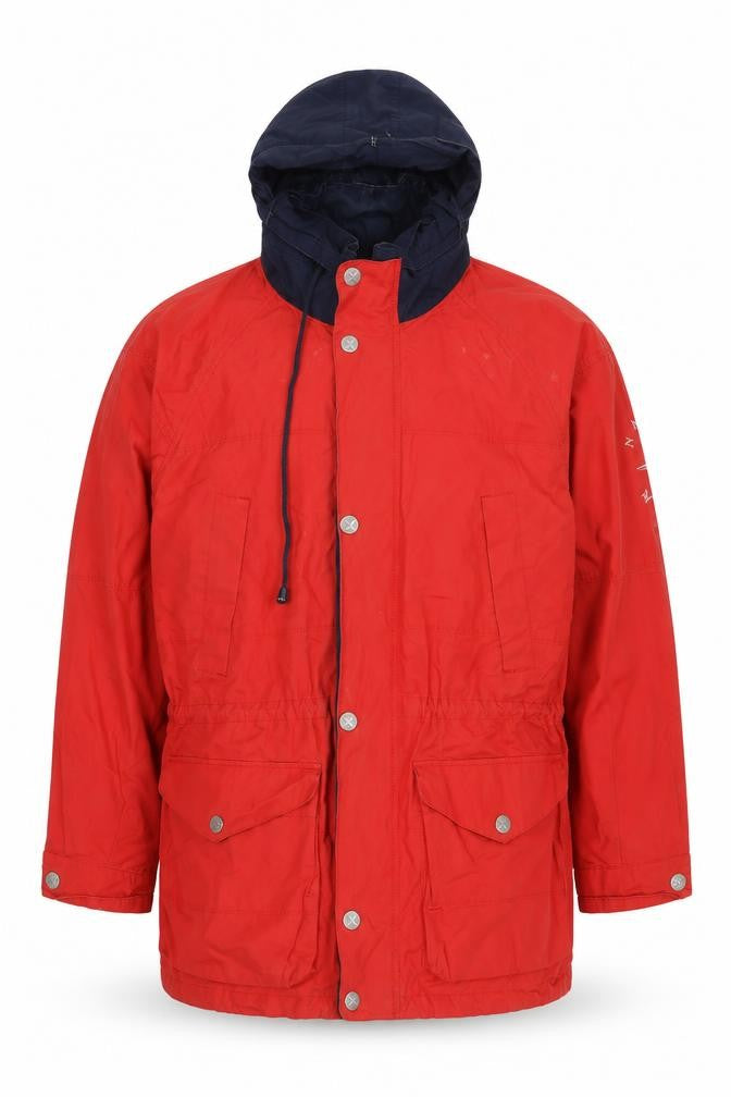 Front view of Nautica Men's Red Rain Coat Jacket with Hood, size L