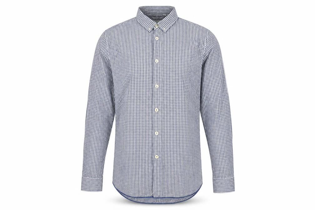Front view of Jigsaw Men's Blue Check Cotton Button-Up Shirt, L