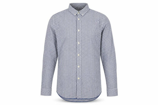 Front view of Jigsaw Men's Blue Check Cotton Button-Up Shirt, L