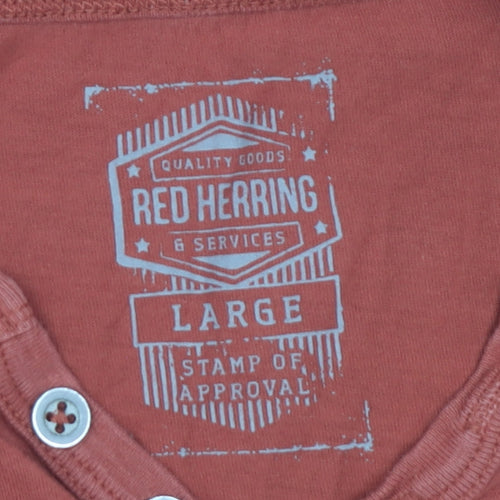 Red Herring Men's Red Henley T-Shirt Large Button