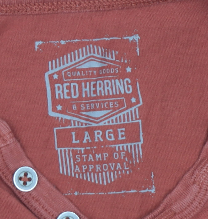 Red Herring Men's Red Henley T-Shirt Large Button