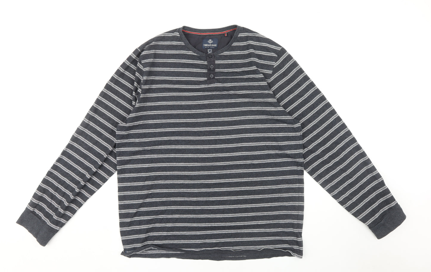Threadbare Men's Grey Striped Long Sleeve Henley T-Shirt 2XL