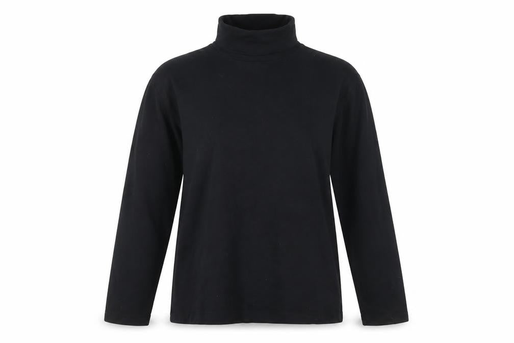 Front view of Isle Women's Black High Neck Long Sleeve T-Shirt