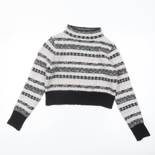 Topshop Women's Striped Mock Neck Cropped Jumper, Black/White, Size 8