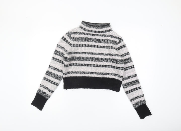 Topshop Women's Striped Mock Neck Cropped Jumper, Black/White, Size 8