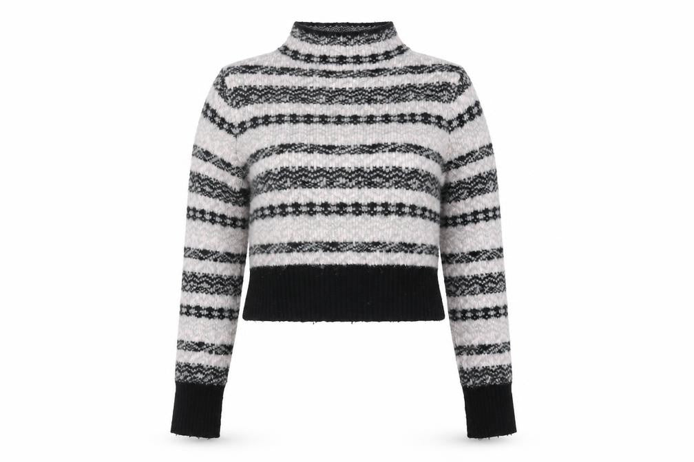Topshop Women's Striped Mock Neck Cropped Jumper, Black/White, Size 8