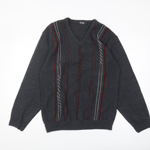 FOX LAND Men's Grey V-Neck Pullover Jumper L