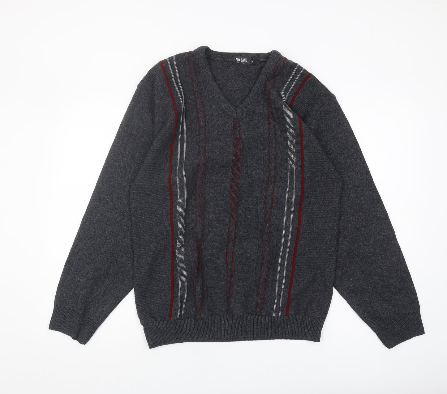 FOX LAND Men's Grey V-Neck Pullover Jumper L