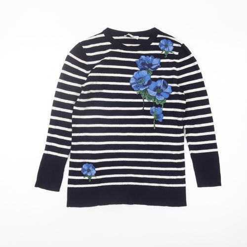 Warehouse Women's Black Striped Jumper Size 8 Crew Neck