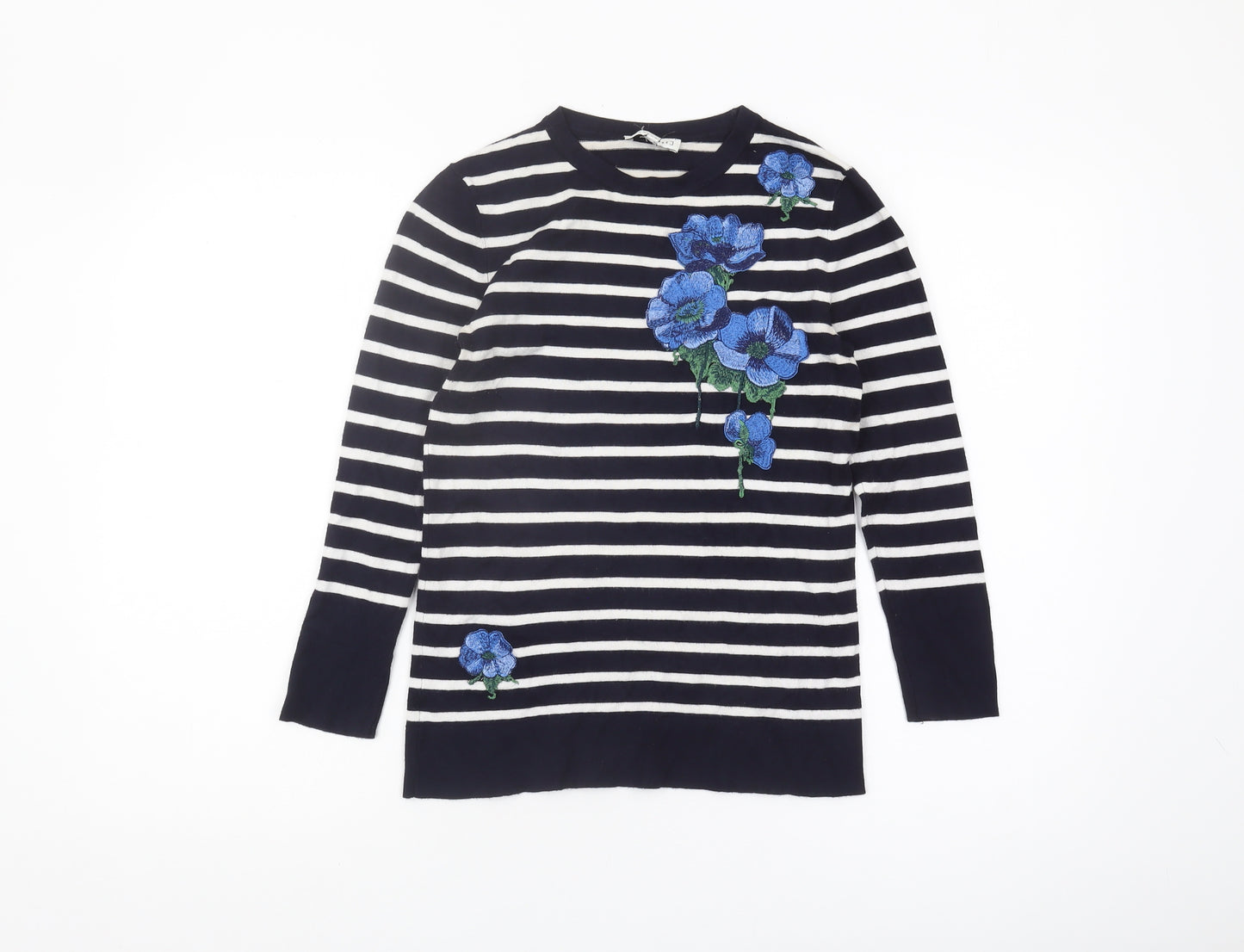 Warehouse Women's Black Striped Jumper Size 8 Crew Neck