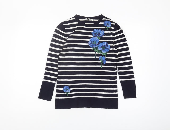 Warehouse Women's Black Striped Jumper Size 8 Crew Neck