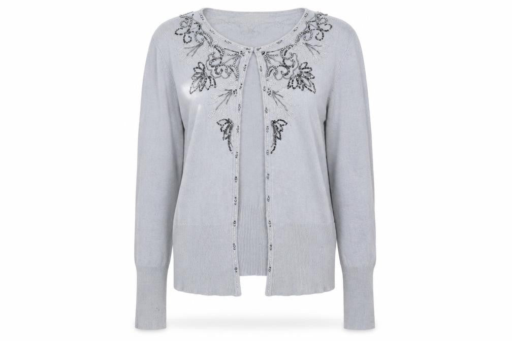 Front view of Austin Reed Women's Grey Cardigan, R, Embroidered Knit