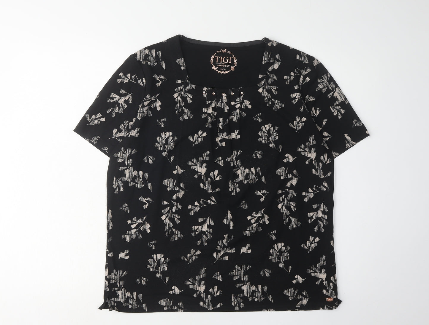 TIGI Women's Black Floral Short Sleeve T-Shirt Size 14