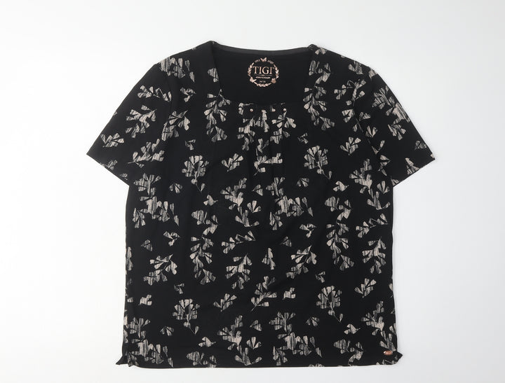 TIGI Women's Black Floral Short Sleeve T-Shirt Size 14