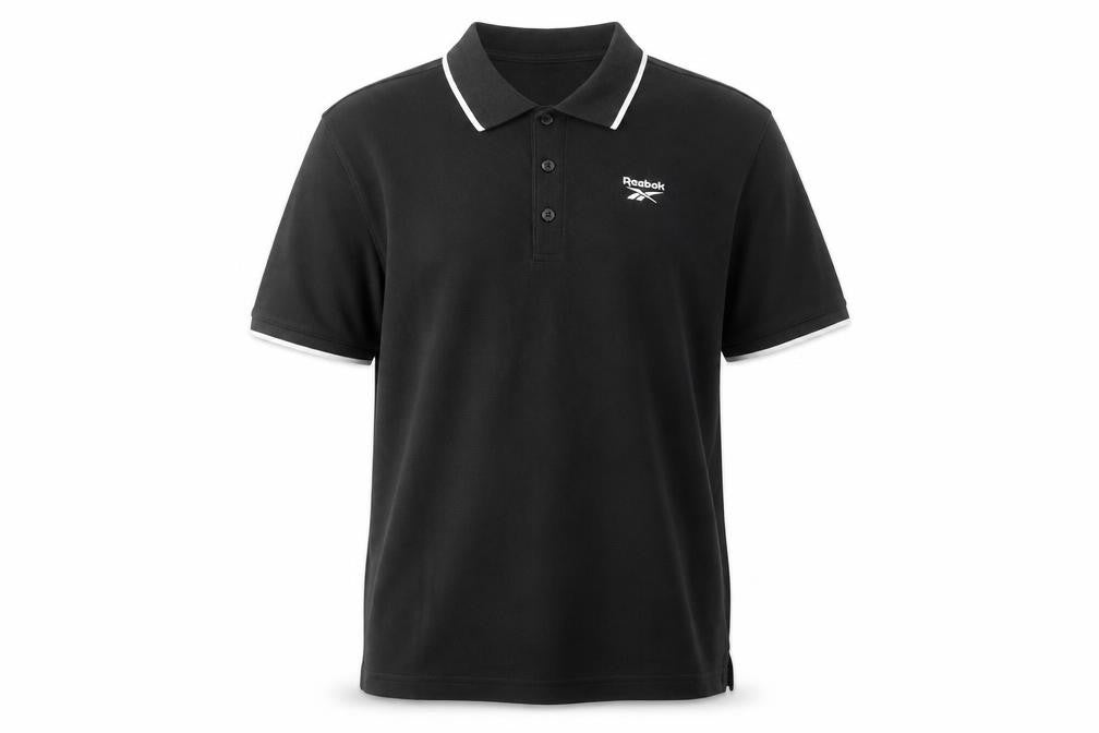 Front view of Reebok Men's Black Polo Shirt, size M, Casual